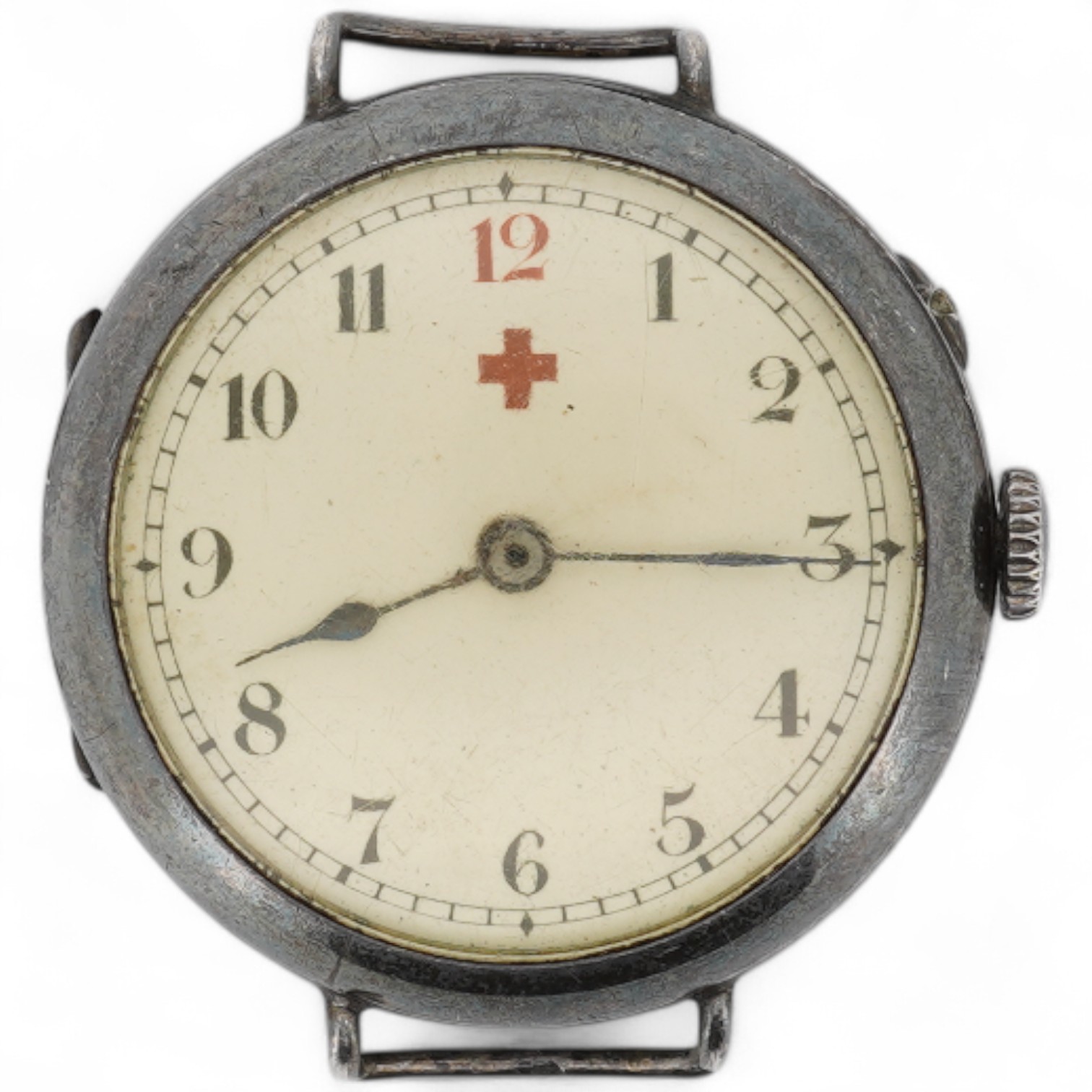 A lady's early 20th century silver nurse's or medic's manual wind wrist watch, with Red Cross symbol on the dial, engraved inscription on the back, 'Will to Mabel, 1916', case import marked for London, 1914, no strap.